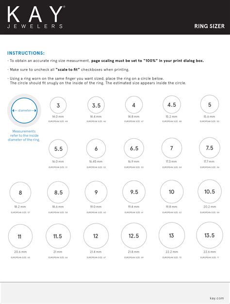 pandora ring size chart printable